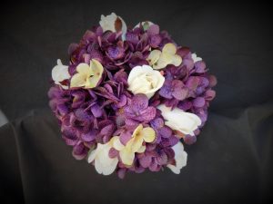 Purple Hydrangea bouquet with white roses, white real touch rose accent, Available in more colors - Image 3