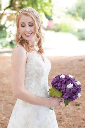 Purple Hydrangea bouquet with white roses, white real touch rose accent, Available in more colors - Image 4