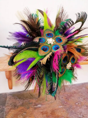 Peacock bridal bouquet, accented with rhinestones, floral feather bouquet, purple, fuchsia, lime, green, gold