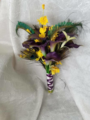 Plum and yellow calla lily bridal bouquet, peacock feathers, orchids, plum wedding bouquet, eggplant purple - Image 5
