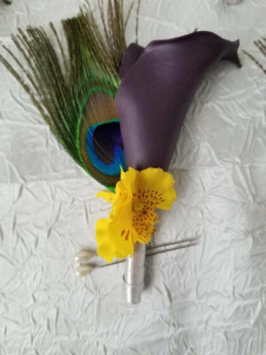 Plum and yellow calla lily bridal bouquet, peacock feathers, orchids, plum wedding bouquet, eggplant purple - Image 6
