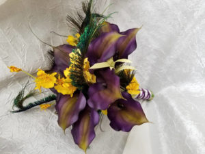 Plum and yellow calla lily bridal bouquet, peacock feathers, orchids, plum wedding bouquet, eggplant purple - Image 7