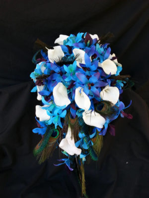 Blue orchid bouquet with peacock feathers