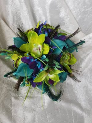Teal and green bridal bouquet with galaxy orchids