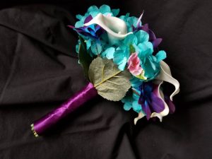 Turquoise galaxy orchid bridesmaids bouquet, small bouquet, cherry blossoms , real touch callas, turquoise hydrangeas, picasso callas - Image 5