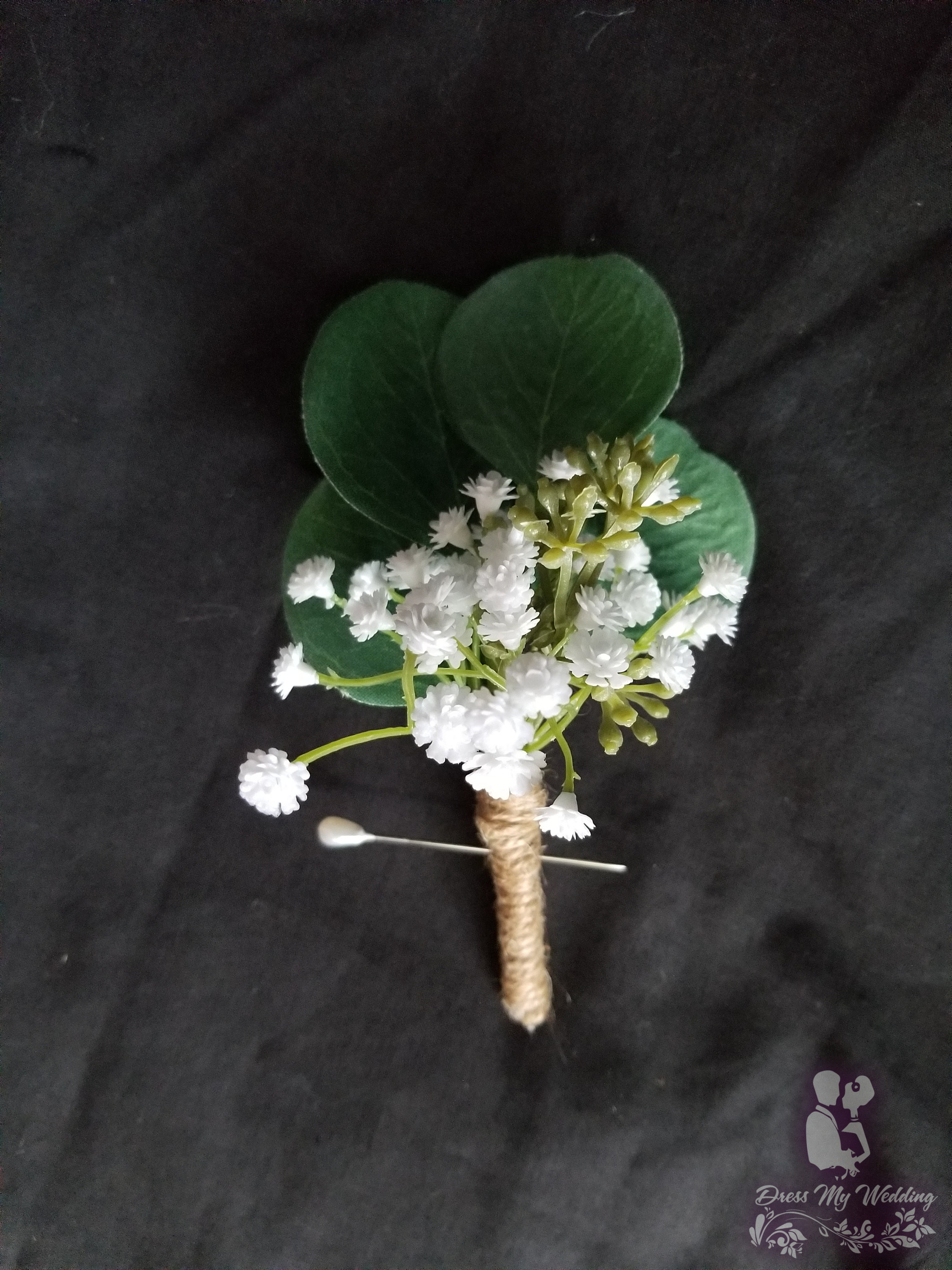 Dress My Wedding – Eucalyptus boutonniere, baby's breath