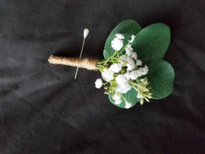 Eucalyptus boutonniere, baby's breath, artificial eucalyptus botton hole, faux flower boutonniere