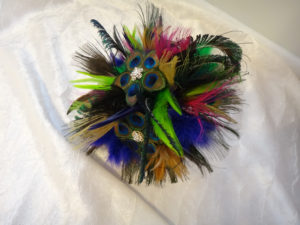 Peacock bridal bouquet, accented with rhinestones, floral feather bouquet, purple, fuchsia, lime, green, gold - Image 5