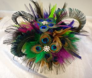 Peacock bridal bouquet, accented with rhinestones, floral feather bouquet, purple, fuchsia, lime, green, gold - Image 4