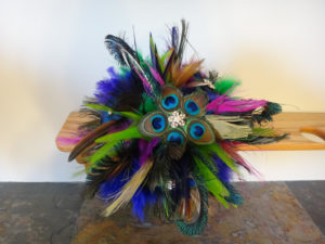 Peacock bridal bouquet, accented with rhinestones, floral feather bouquet, purple, fuchsia, lime, green, gold - Image 7