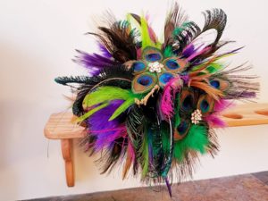 Peacock bridal bouquet, accented with rhinestones, floral feather bouquet, purple, fuchsia, lime, green, gold - Image 2