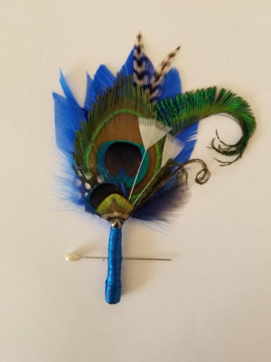 Peacock  boutonniere, white feather, customize ribbon color to match your wedding colors