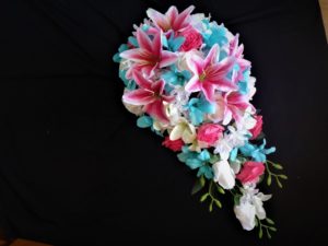 Pink and aqua silk flower bouquet