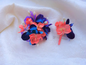 Galaxy orchid coral wrist corsage and boutonniere set - Image 2