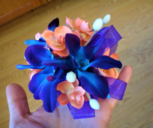 Galaxy orchid coral wrist corsage and boutonniere set - Image 4