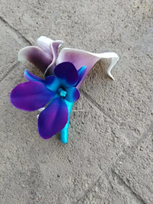 Picasso Calla lily galaxy orchid boutonniere, real touch calla lilies, purple blue orchid