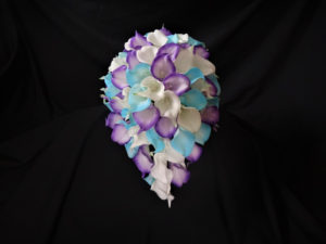 Real touch calla lily cascading purple, lavender, turquoise, bridal bouquet, real touch flowers, artificial teardrop bouquet