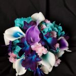 Turquoise galaxy orchid bridesmaids bouquet, small bouquet, cherry blossoms , real touch callas, turquoise hydrangeas, picasso callas