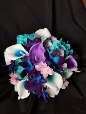 Turquoise galaxy orchid bridesmaids bouquet, small bouquet, cherry blossoms , real touch callas, turquoise hydrangeas, picasso callas