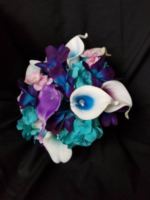 Turquoise galaxy orchid bridesmaids bouquet, small bouquet, cherry blossoms , real touch callas, turquoise hydrangeas, picasso callas - Image 4