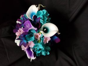 Turquoise galaxy orchid bridesmaids bouquet, small bouquet, cherry blossoms , real touch callas, turquoise hydrangeas, picasso callas - Image 6