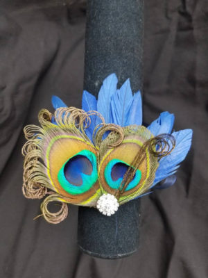 Navy peacock wrist corsage, boutonniere, prom, wedding, bridesmaid - Image 5