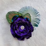 Peacock feather hair clip royal purple, plum satin flower with rhinestone accent, hair accessories