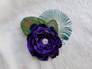 Peacock feather hair clip royal purple, plum satin flower with rhinestone accent, hair accessories