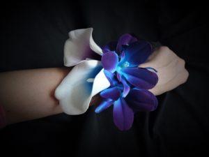 Galaxy orchid, real touch calla lily wrist corsage, purple blue orchid, artificial flowers, wrist corsages
