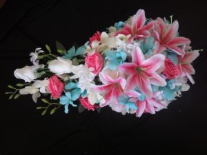 Pink lily and aqua cascading bridal bouquet - Image 3