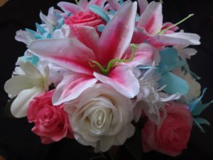 Pink lily and aqua cascading bridal bouquet - Image 4