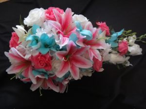 Pink lily and aqua cascading bridal bouquet - Image 5