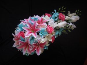 Pink lily and aqua cascading bridal bouquet - Image 6