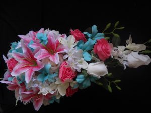 Pink lily and aqua cascading bridal bouquet - Image 8