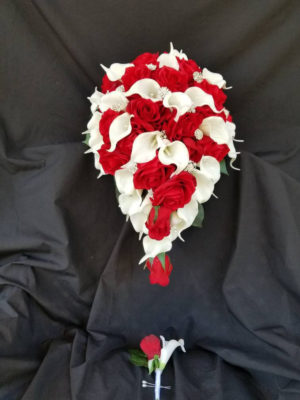 Red, white teardrop bouquet, artificial silk Rose, real touch calla, teardrop, cascading bouquet, bridal bouquet