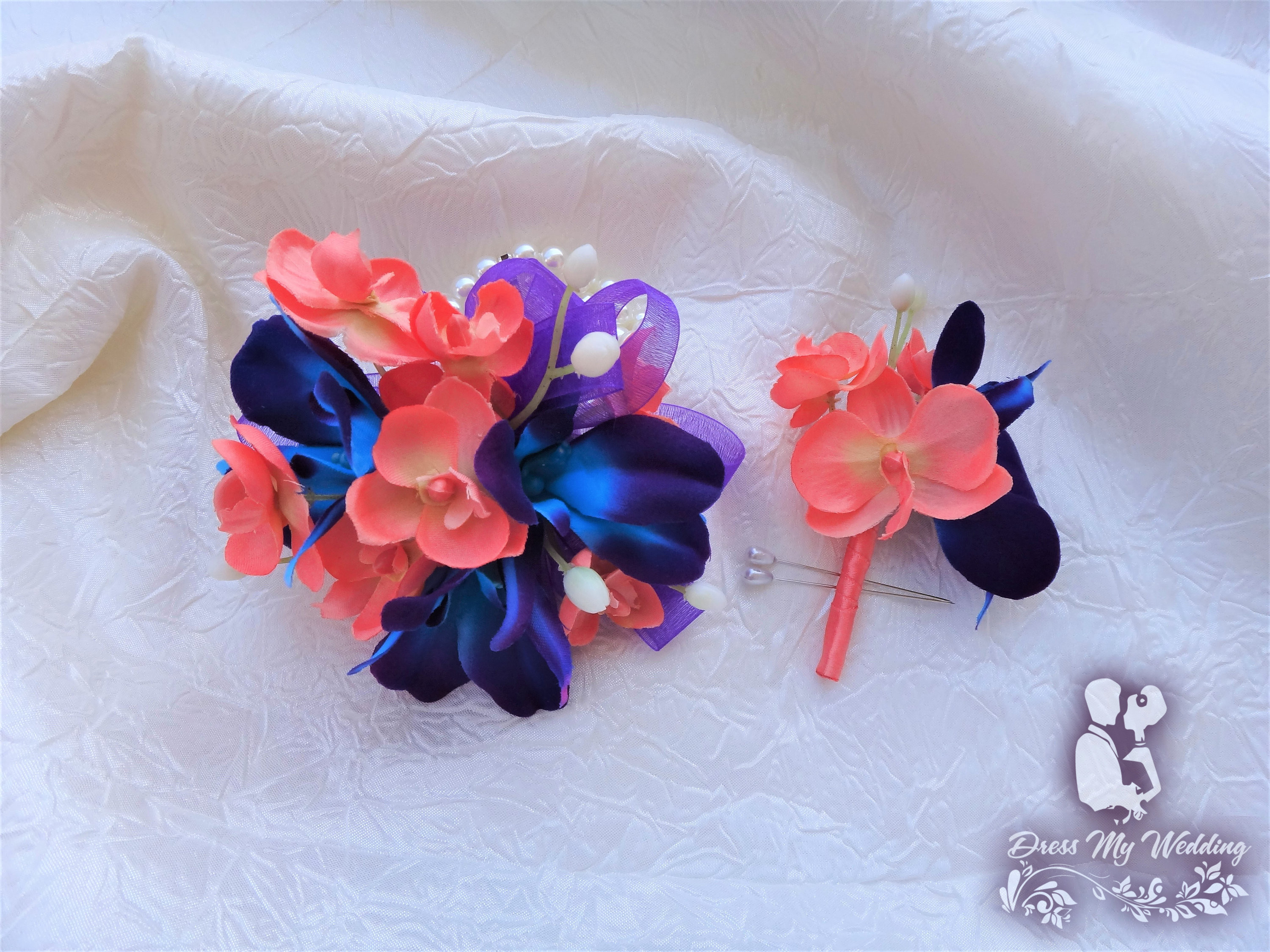 Pin Corsage CHOOSE RIBBON COLOR Coral Corsage Beach Wedding Wedding Pink Coral and White Calla Lily and Orchid Corsage Greenery