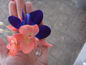 Galaxy orchid coral wrist corsage and boutonniere set - Image 3
