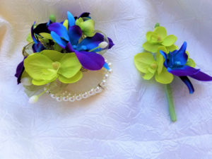 Galaxy orchid, lime green, boutonniere, wrist corsage, artificial flowers, button hole - Image 2