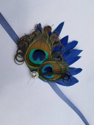 Navy peacock wrist corsage, boutonniere, prom, wedding, bridesmaid - Image 7