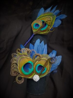 Navy peacock wrist corsage, boutonniere, prom, wedding, bridesmaid - Image 2