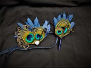 Navy peacock wrist corsage, boutonniere, prom, wedding, bridesmaid