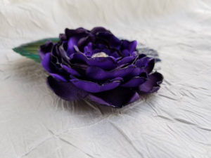 Peacock feather hair clip royal purple, plum satin flower with rhinestone accent, hair accessories - Image 4