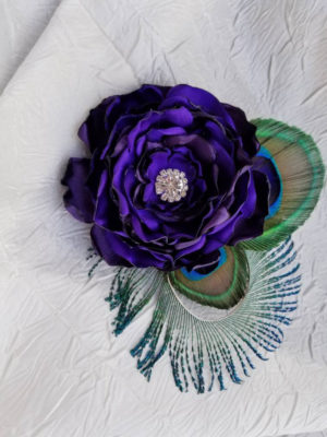 Peacock feather hair clip royal purple, plum satin flower with rhinestone accent, hair accessories - Image 5