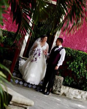 Cascading plum, purple and lavender bridal bouquet with silver accent - Image 7
