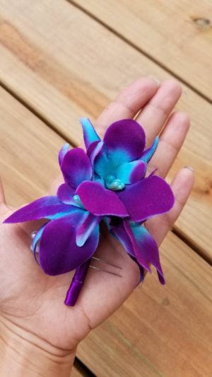 Purple blue, turquoise orchid boutonniere, galaxy orchid, artificial orchid boutonniere, bottom hole, corsage, singapore, island orchid,silk - Image 2