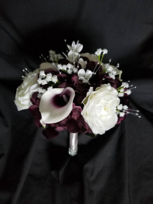 Plum, white, small bouquet, bridesmaid bouquet, purple, picasso calla, peony, hydrangea, baby's breath - Image 5