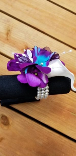 Real touch calla lily orchid pearl wristlet, galaxy orchid, purple, turquoise, corsage, purple corsage,purple blue orchid, singapore orchid