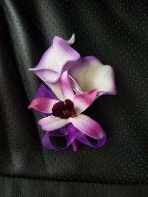 Purple, lavender, Calla lily orchid corsage, real touch calla lilies