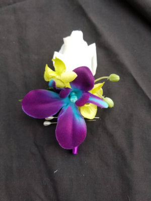 Rose,lime green, galaxy orchid, boutonniere, real touch rose, purple blue orchid