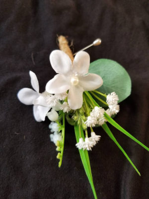 Eucalyptus boutonniere, baby's breath, artificial, botton hole, faux flower, lilies of the valley, stephanotis - Image 2